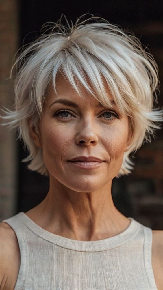 Femme aux cheveux gris très courts coiffés en mèches effilées