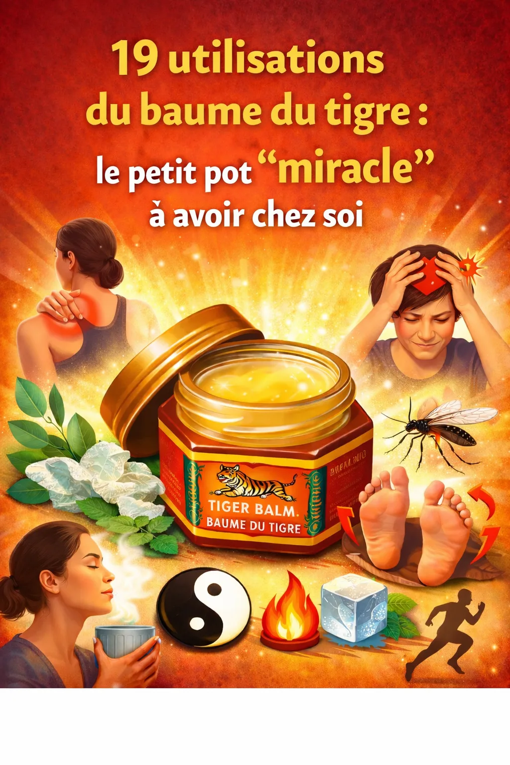 Pot de baume du tigre entouré d'illustrations d'utilisations diverses