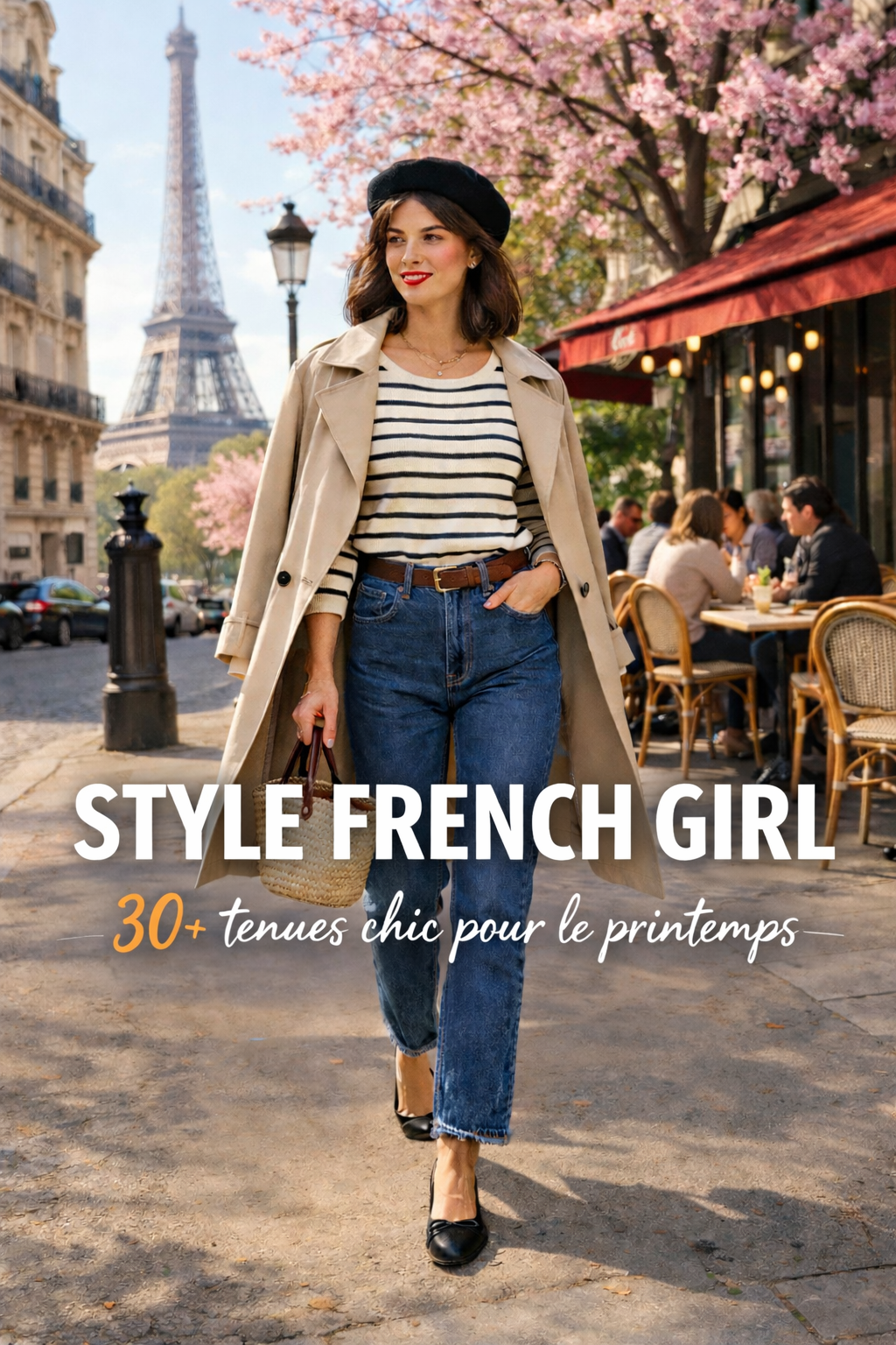 Femme en tenue printanière chic avec trench beige et marinière à Paris