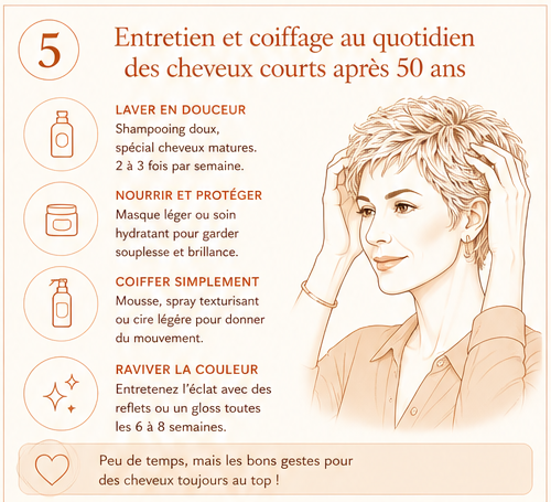 Routine d'entretien et de coiffage quotidien pour cheveux courts après 50 ans