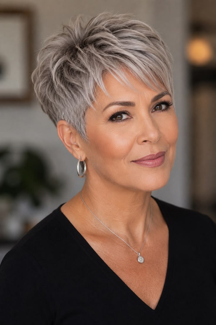 Femme de 50 ans avec coupe courte pixie grise texturée