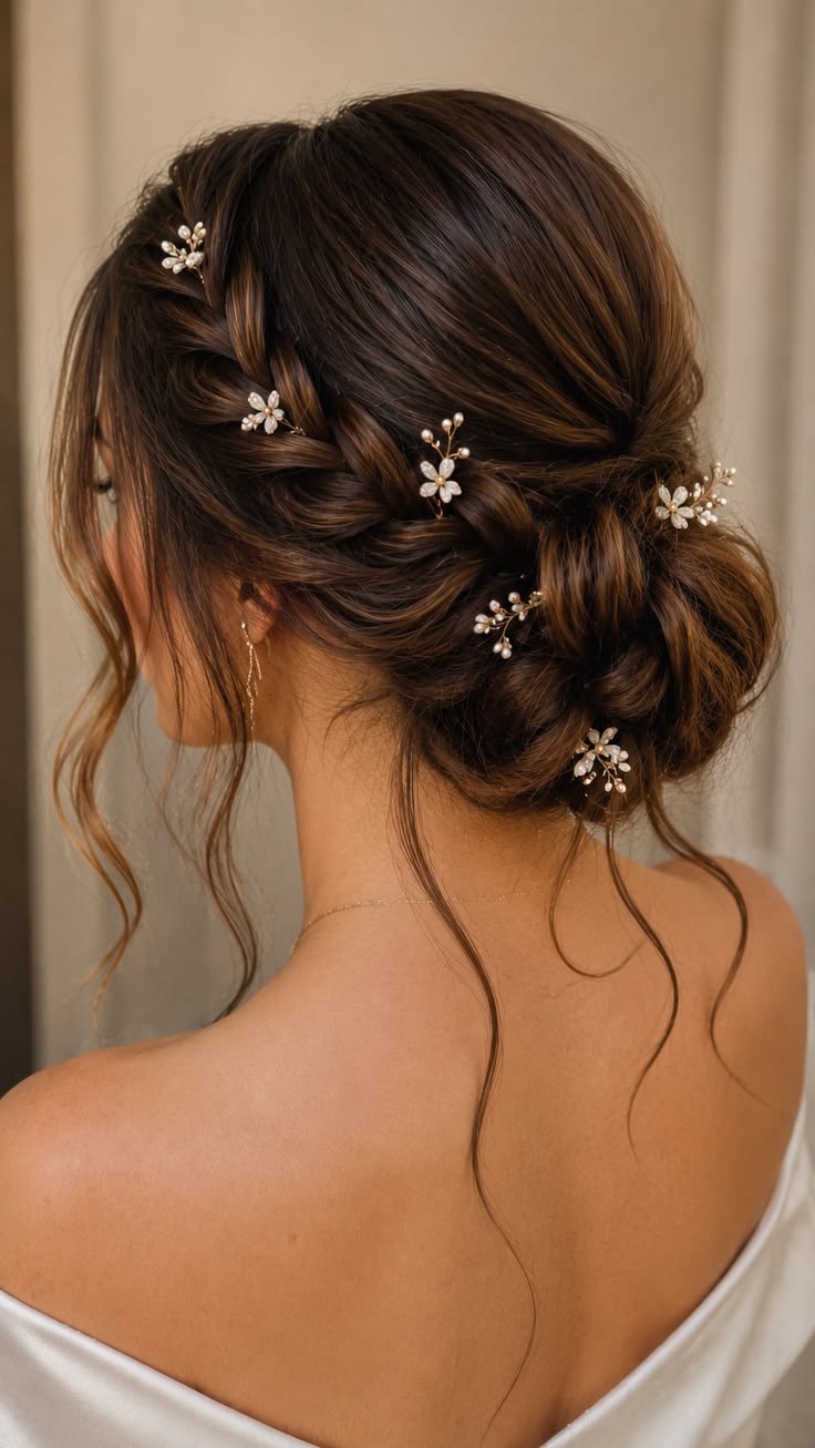 Coiffure de mariage avec chignon bas tressé et accessoires floraux