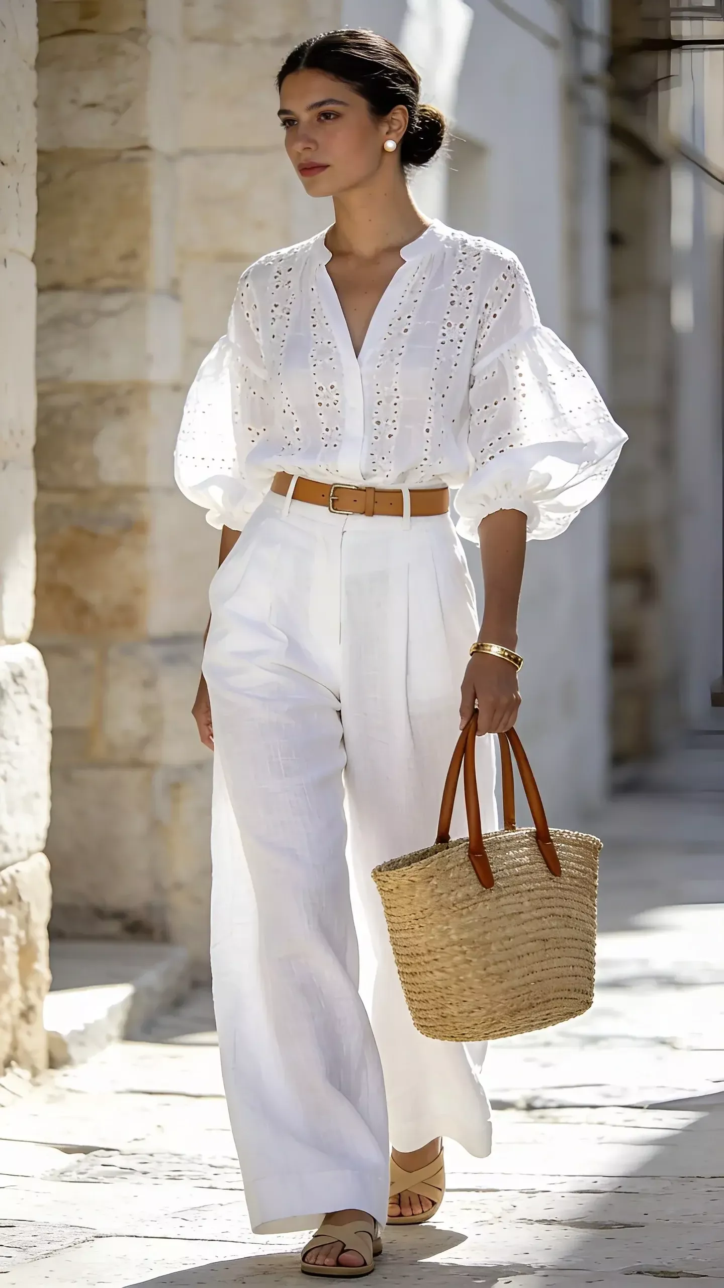 Femme en blouse blanche brodée et pantalon blanc taille haute, sac en paille