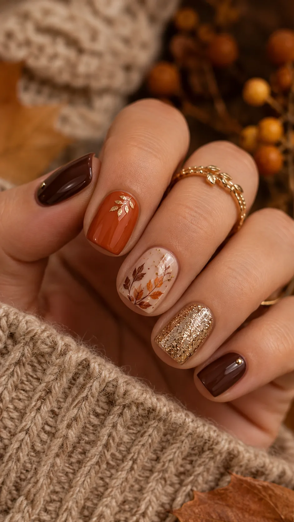 Célébrez l'automne avec ces ongles courts stylés aux couleurs chaudes marron, orange brûlé, or scintillant et motifs feuilles délicats, parfaits pour la saison.
