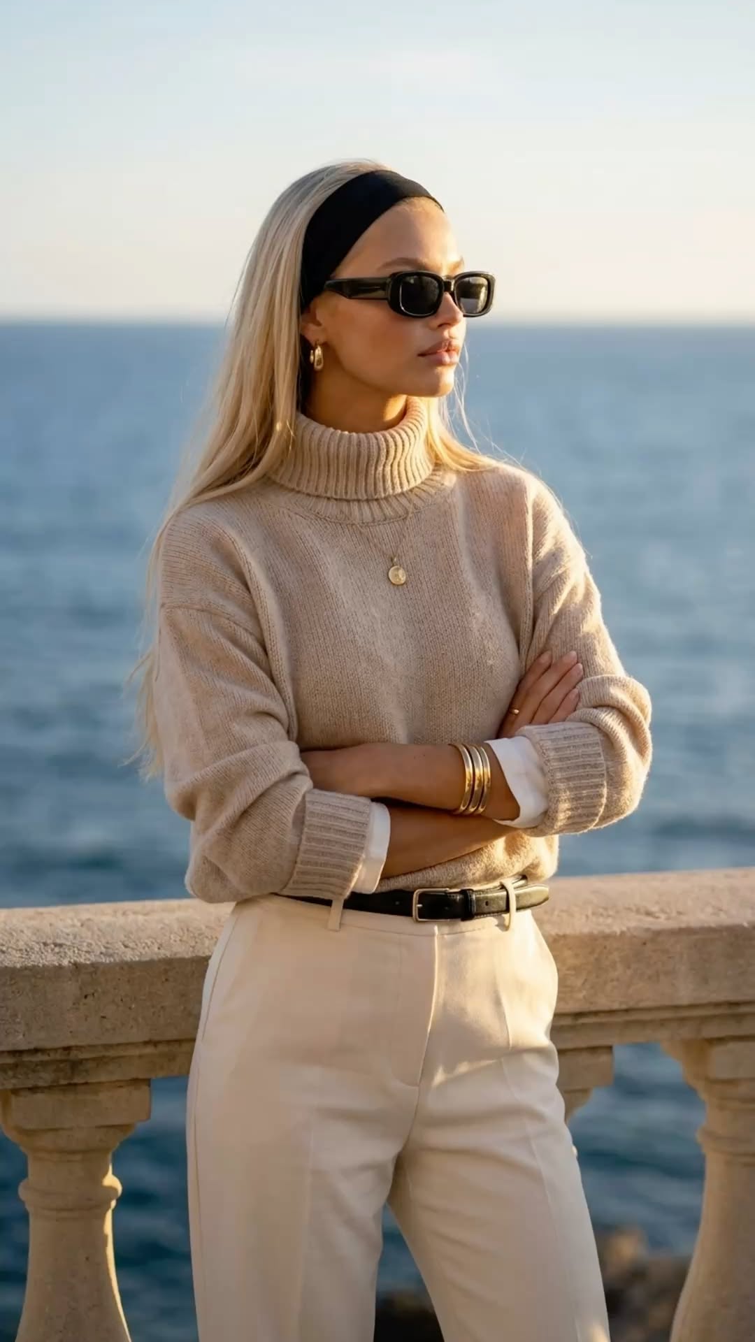Un pull beige doux et un pantalon crème, face à l'océan, incarnent le luxe discret et la beauté féminine intemporelle sur la Riviera.