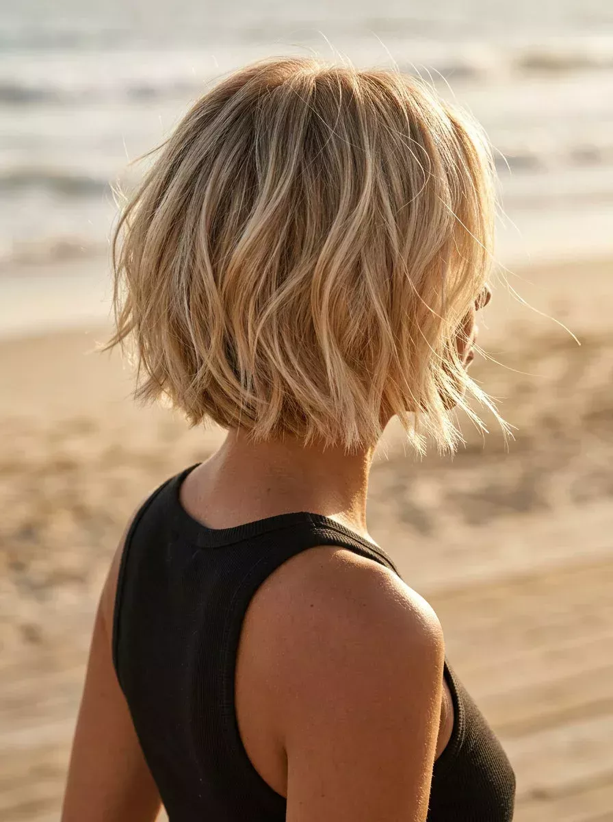 Optez pour un bob texturé décoiffé avec des vagues blondes style plage, parfait pour un style estival chic et facile à vivre.