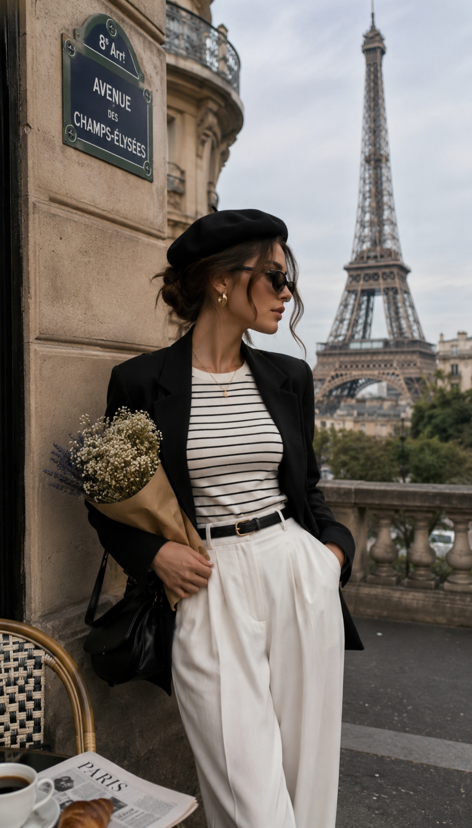 L'élégance parisienne se révèle dans un béret, blazer noir et pantalon taille haute, pour un look chic et intemporel à la française.