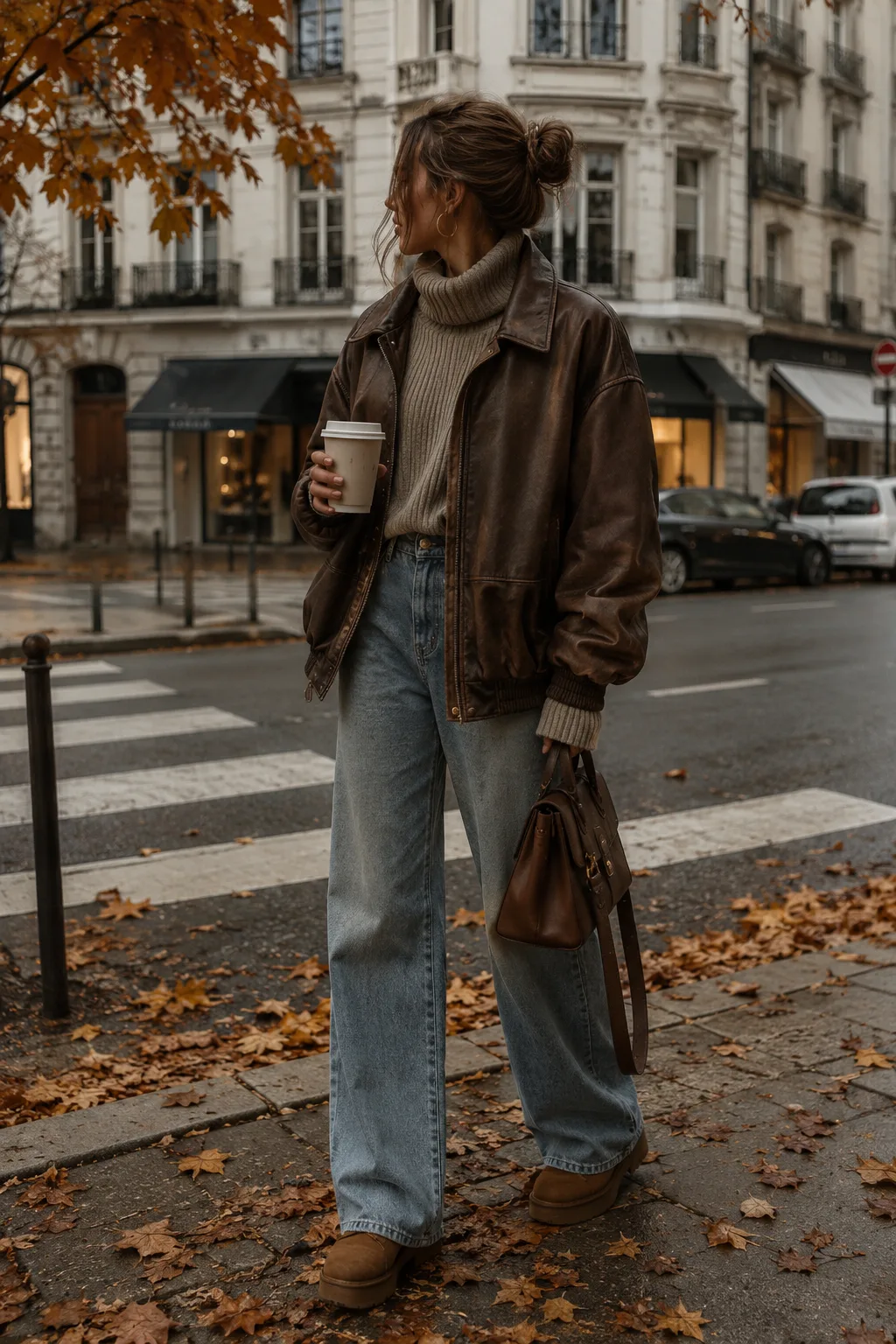 Look d’automne avec veste en cuir et détails mode