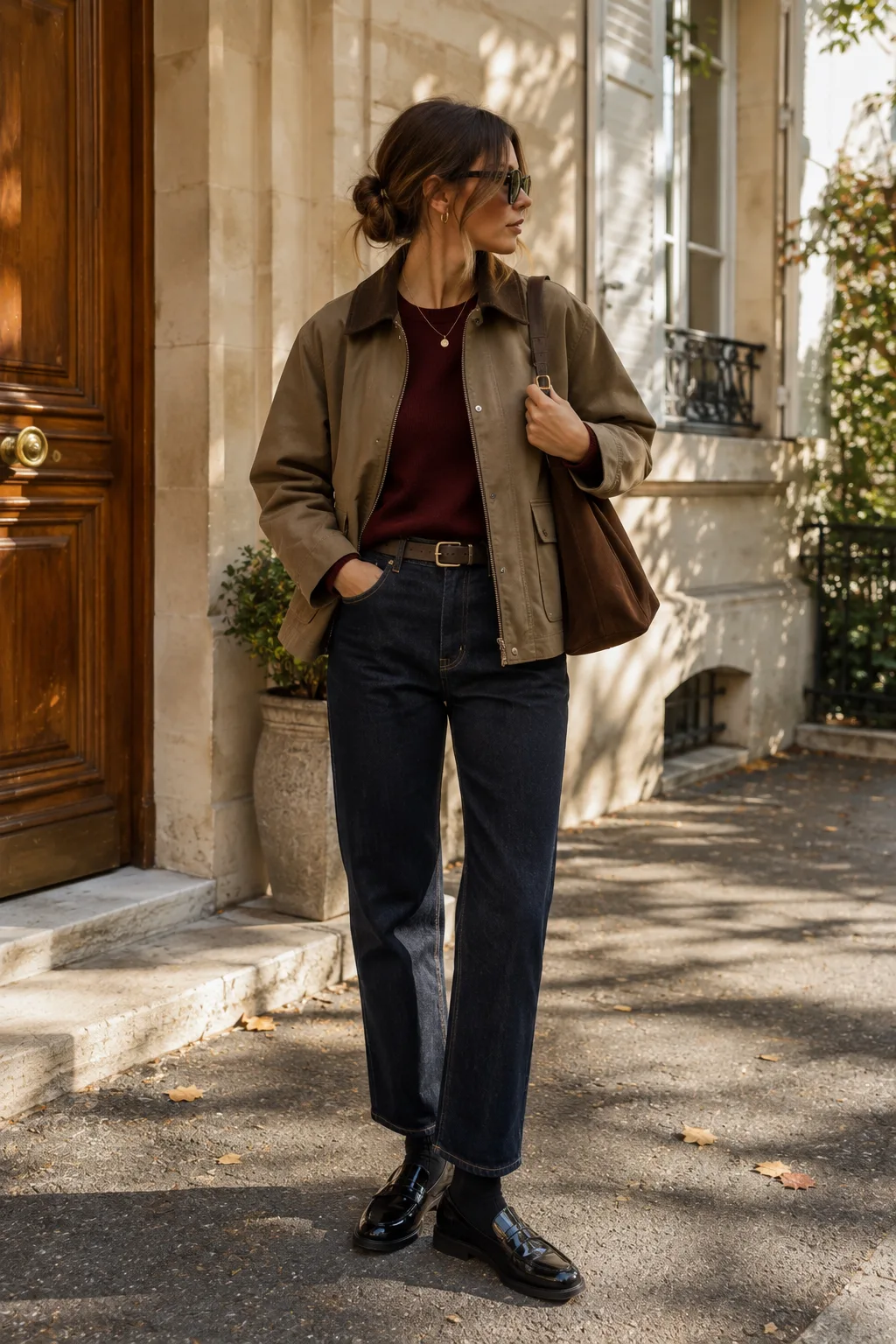 Veste en toile cirée avec col en velours marron foncé.