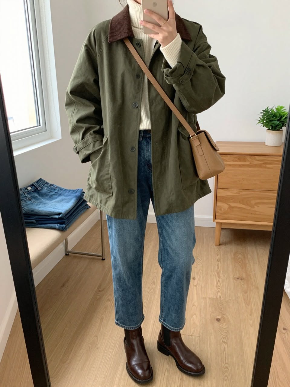 Barn jacket taupe, jean brut et mocassins vernis.
