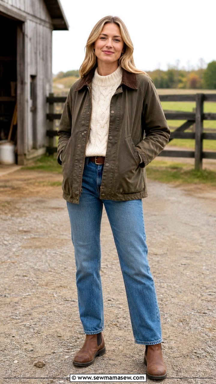 Veste de campagne olive portée avec jean droit.