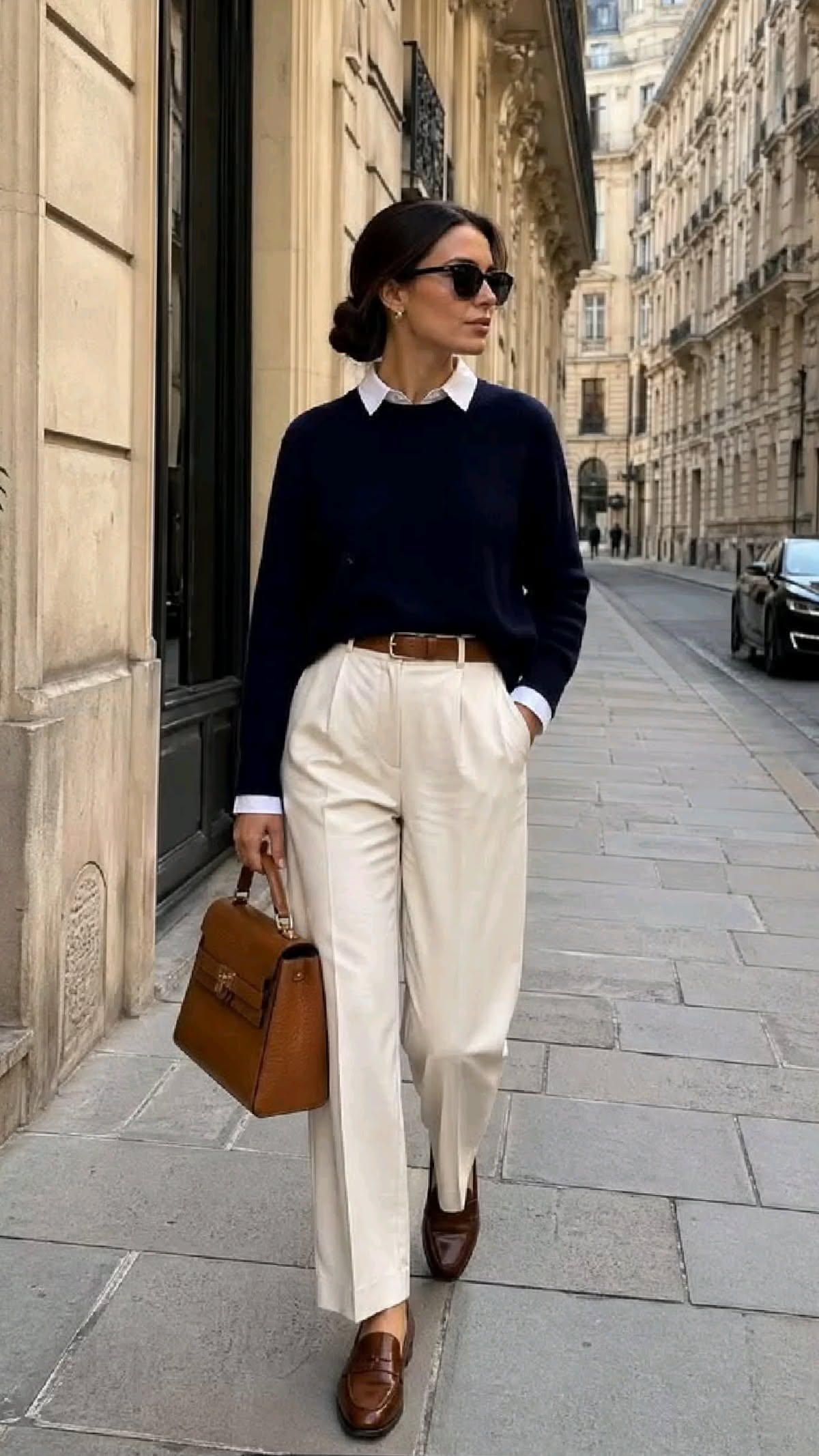 Chemise bleu glacier avec jupe en daim chocolat