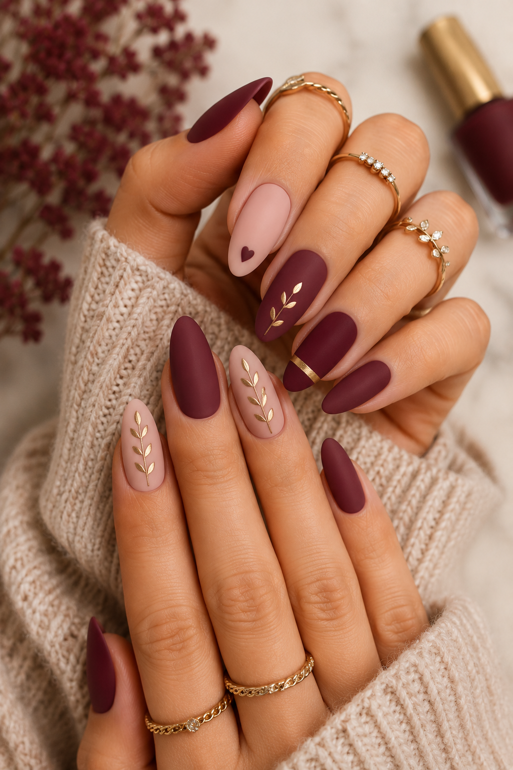 Ongles bordeaux mats raffinés