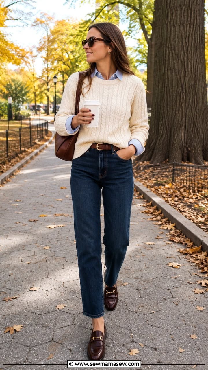 Cardigan crème oversize avec jupe longue chocolat et baskets rétro