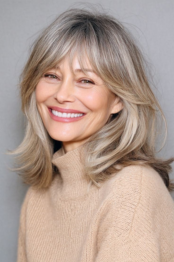Frange fine encadrant un visage mature