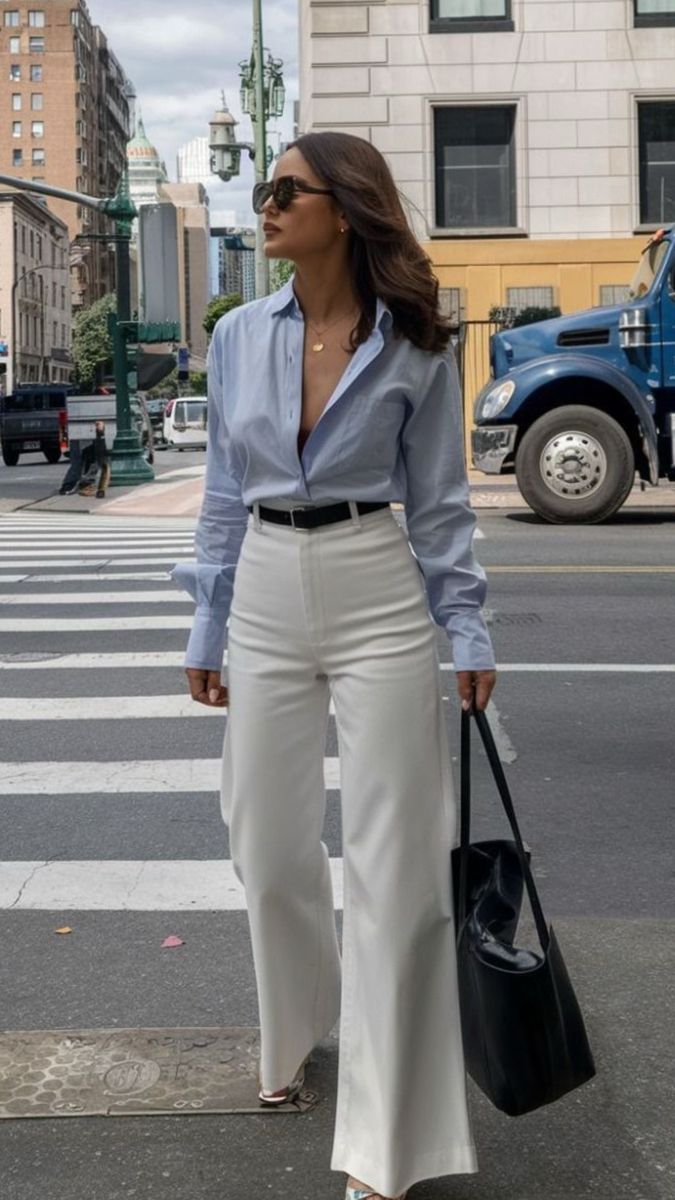 Top bleu clair et pantalon blanc été