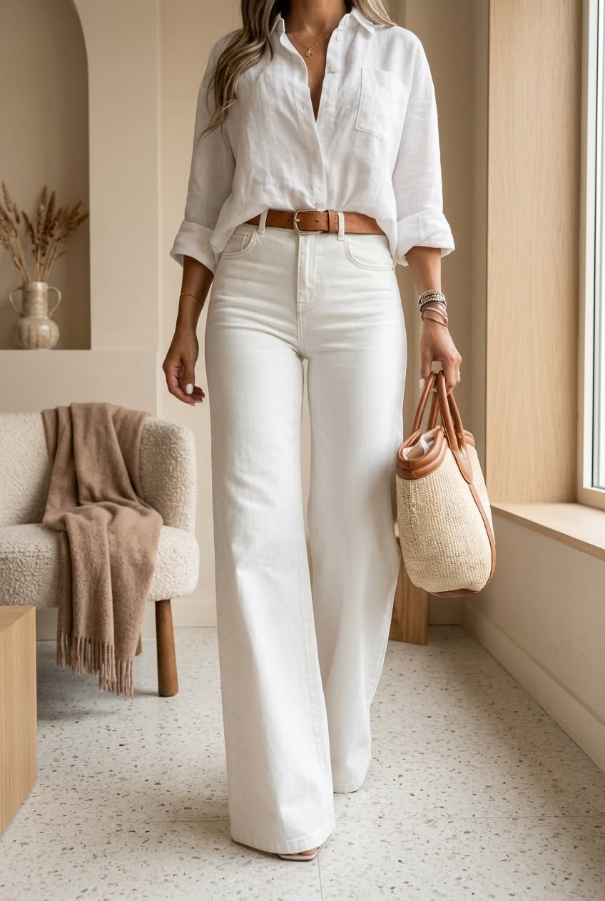 Le jean blanc droit est un basique chic et confortable, idéal pour un look casual élégant en mi-saison.