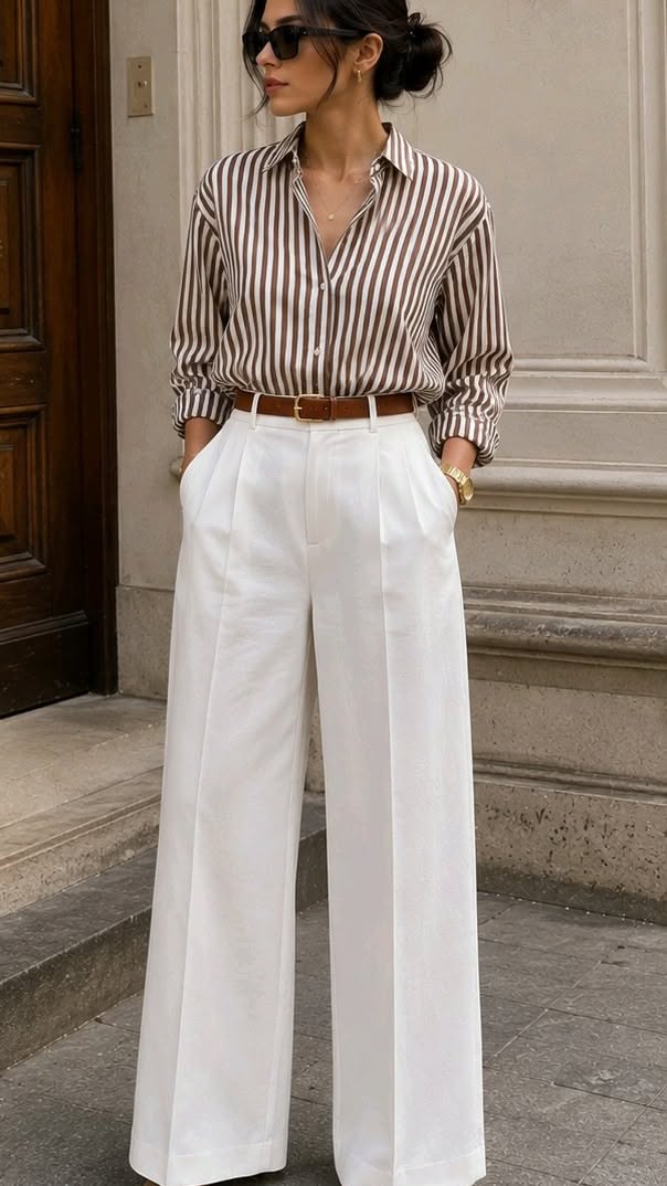 Chemise rayée marron et pantalon blanc large taille haute pour un look sophistiqué et confortable.