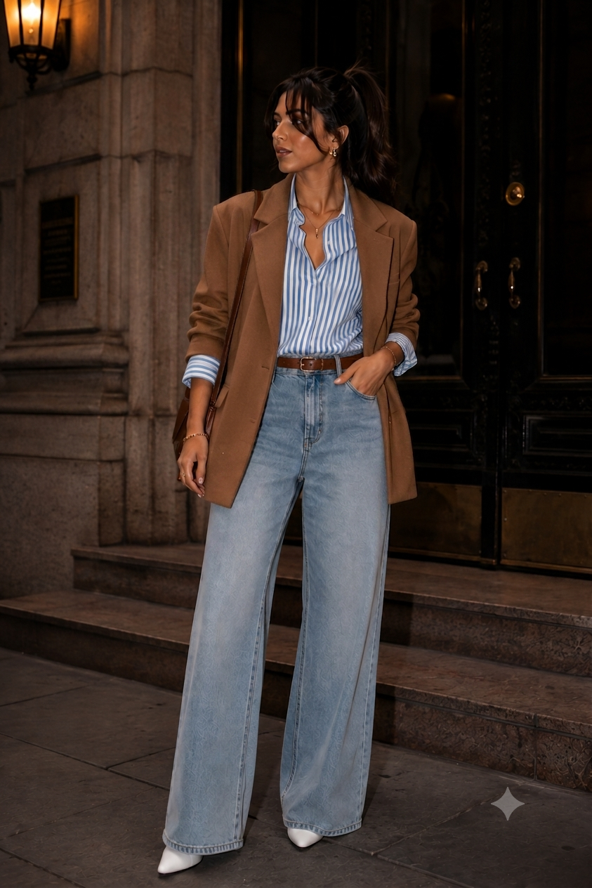 Look casual chic avec blazer camel, chemise rayée et jean large.