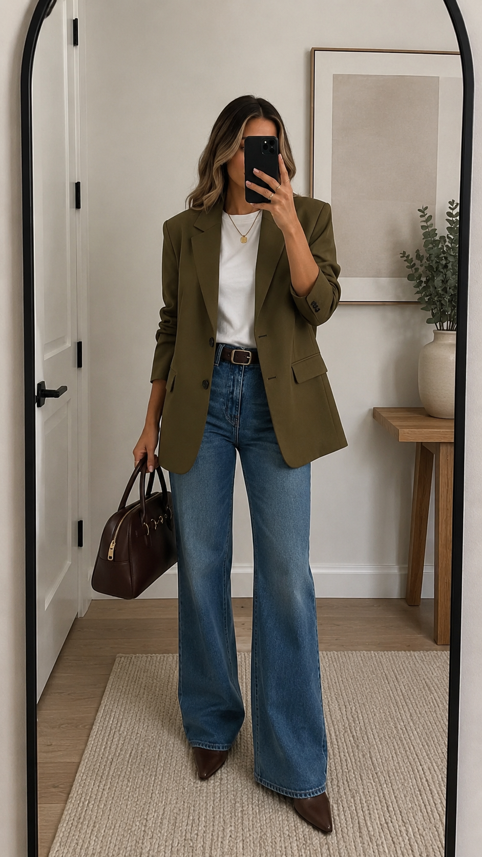 Look casual chic avec blazer kaki, jean flare et sac marron.