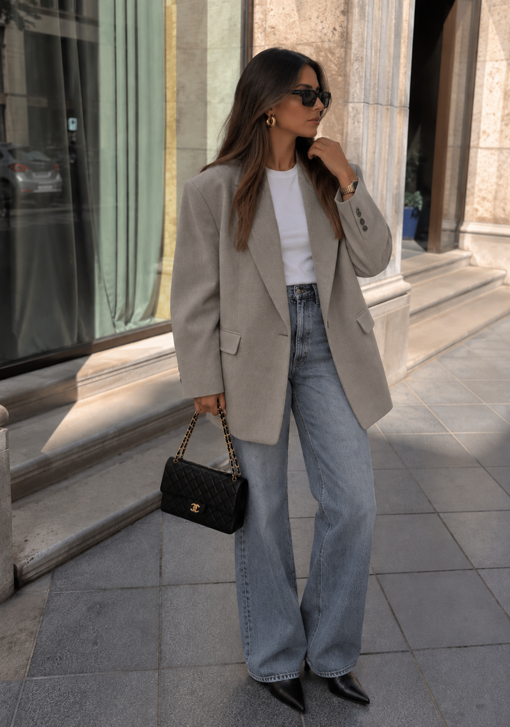 Femme portant un blazer gris, un t-shirt blanc et un jean large bleu avec un sac noir.