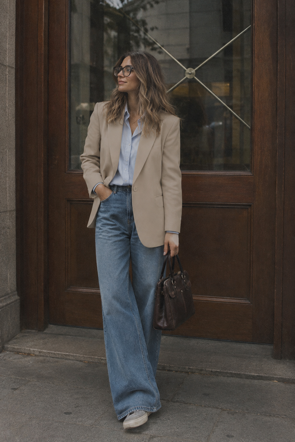 Look casual chic avec blazer beige et jean large bleu.