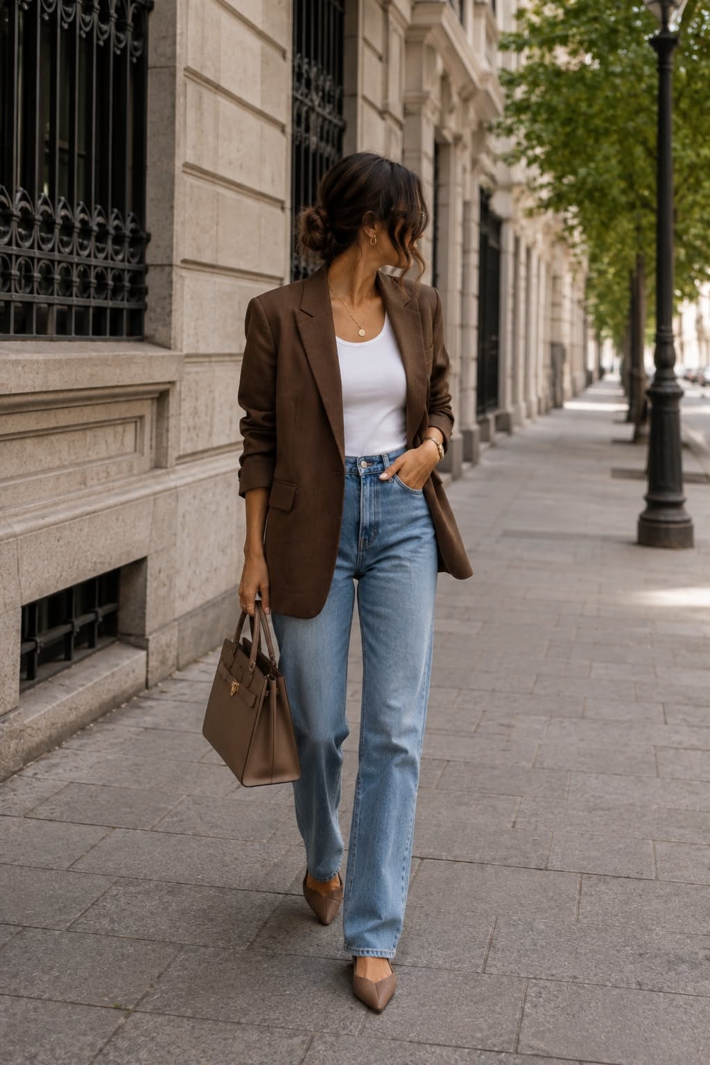 Femme en blazer marron, jean bleu clair et top blanc, avec sac marron.