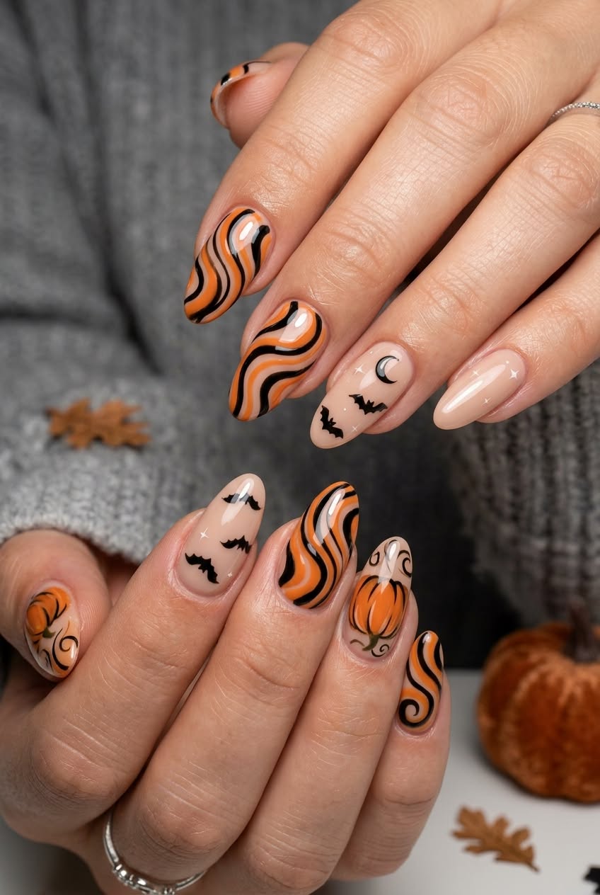 Nails with orange and black swirls, bats, moon, and pumpkin designs.
