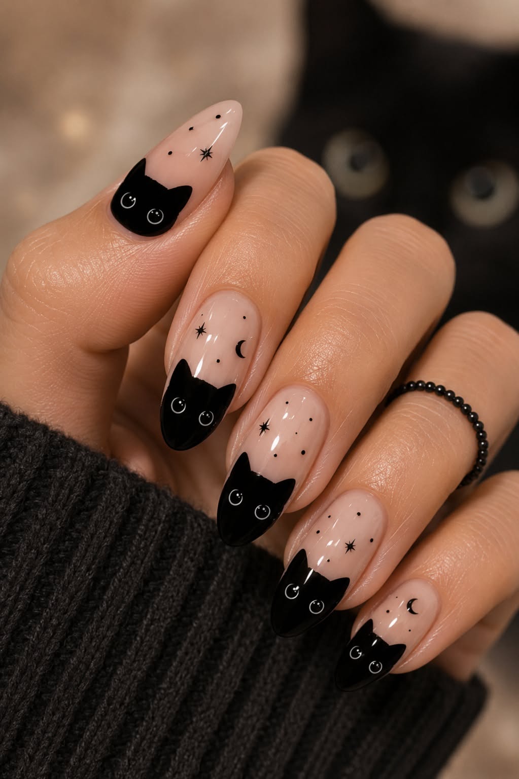 Ongles nude avec motifs chats noirs et étoiles.