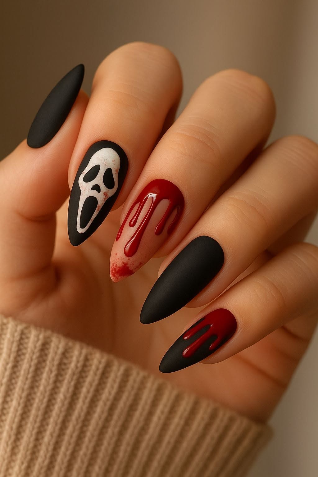 Ongles longs en amande avec motifs Halloween en noir et rouge.