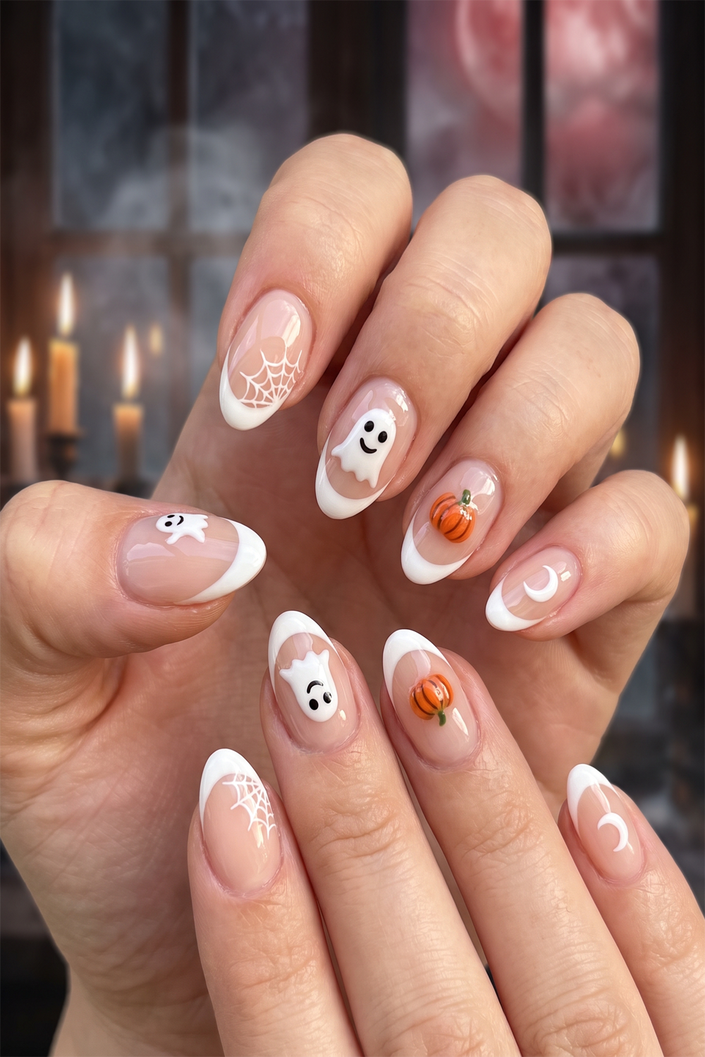 Nails decorated with white French tips and Halloween-themed designs.