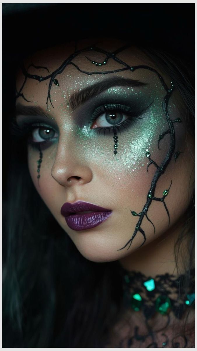 Visage maquillé avec des branches noires, paillettes vertes et lèvres violettes.