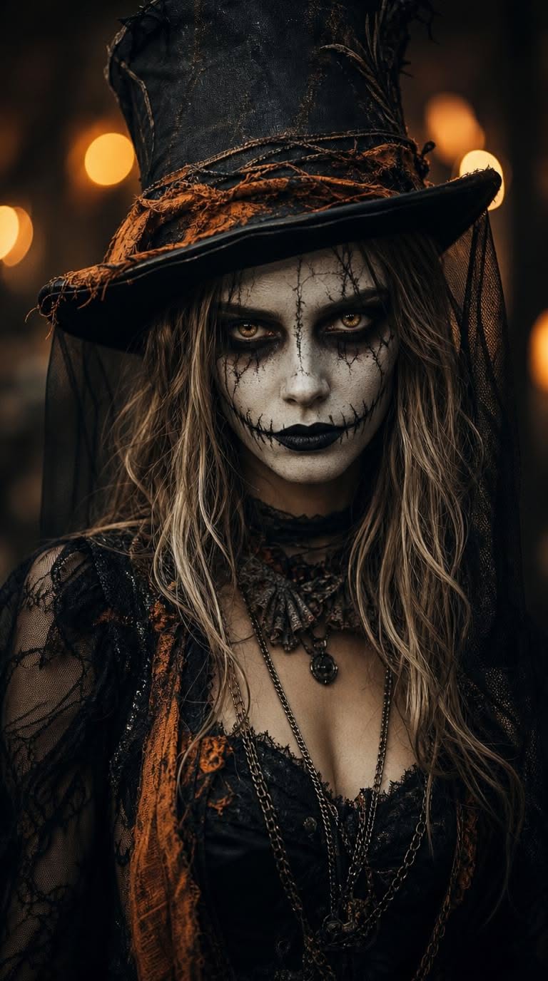 Femme au maquillage sombre et chapeau haut de forme pour Halloween.