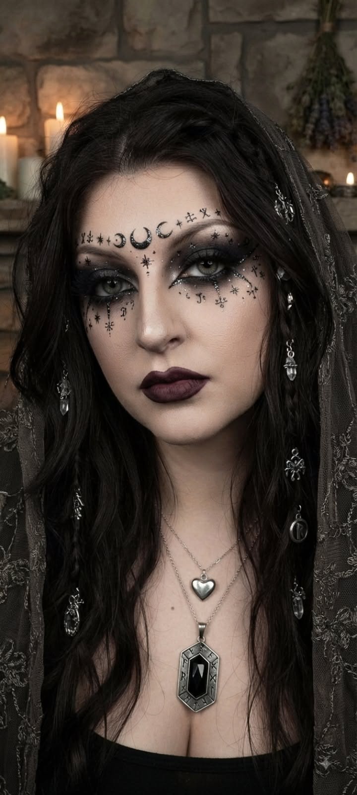 Femme au maquillage noir avec motifs lunaires et étoiles, lèvres foncées et bijoux argentés.