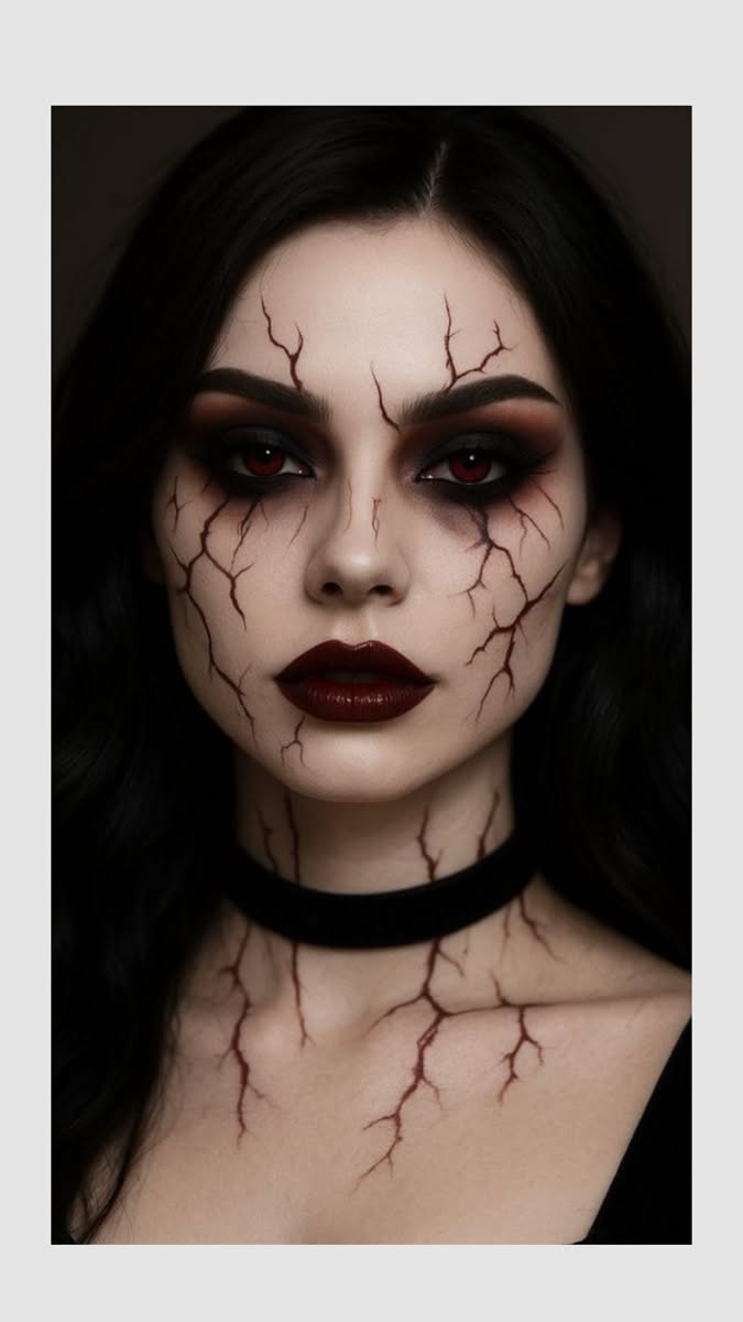 Visage maquillé avec des fissures sombres et yeux rouges pour un look sorcière.