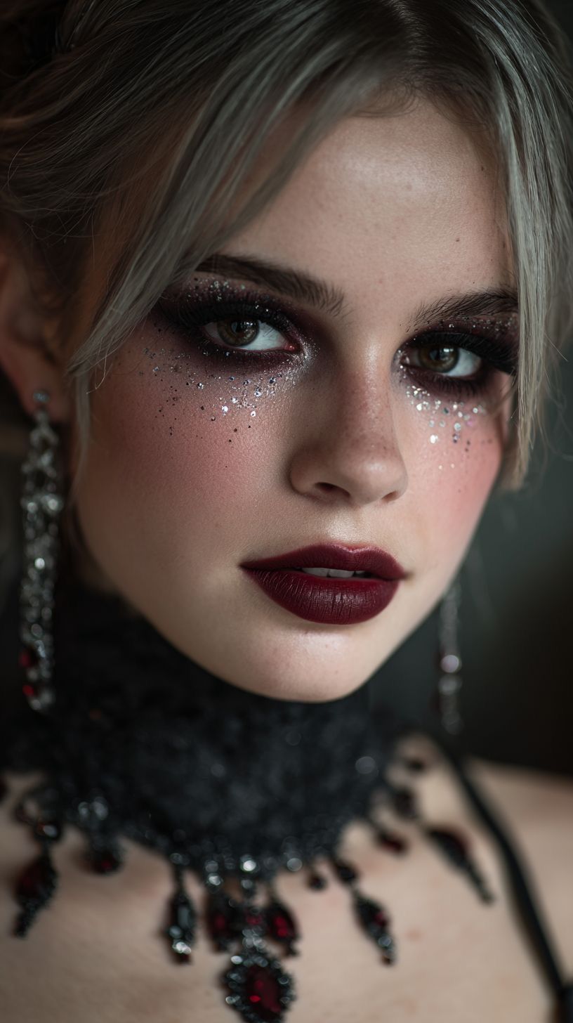 Maquillage sombre avec paillettes argentées et lèvres bordeaux foncé.