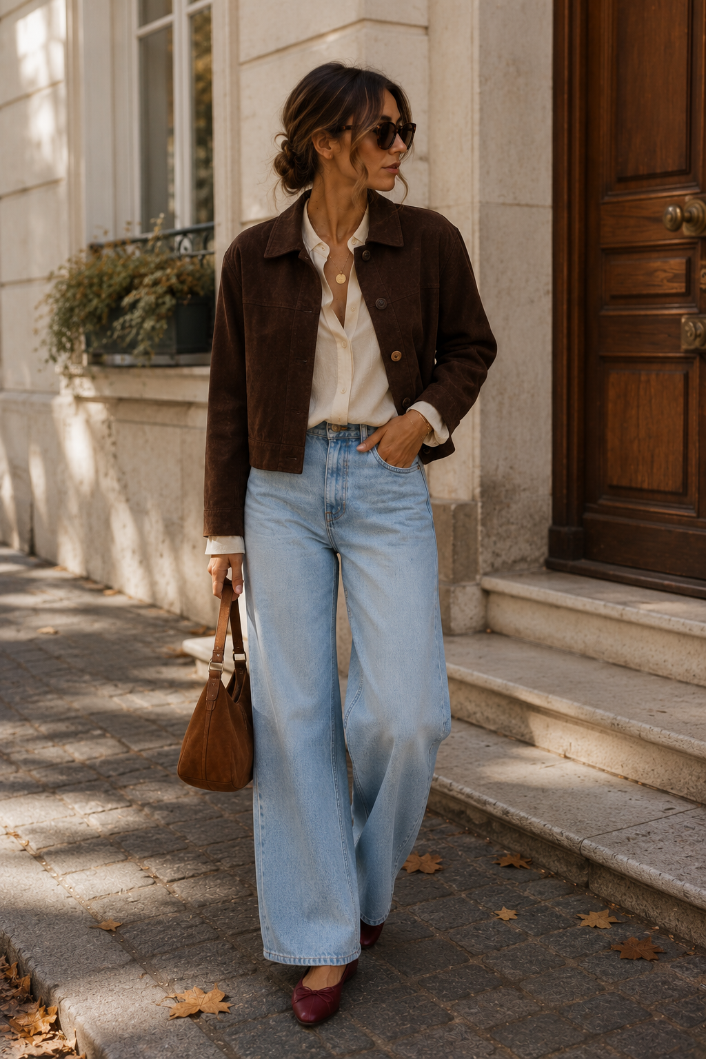 Femme en veste en daim chocolat, chemise blanche, jean large clair et sac marron