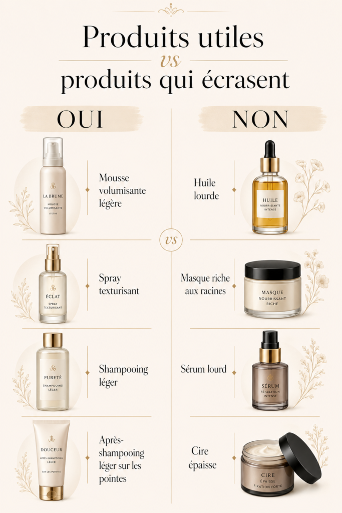 Produits utiles et produits qui écrasent les cheveux fins